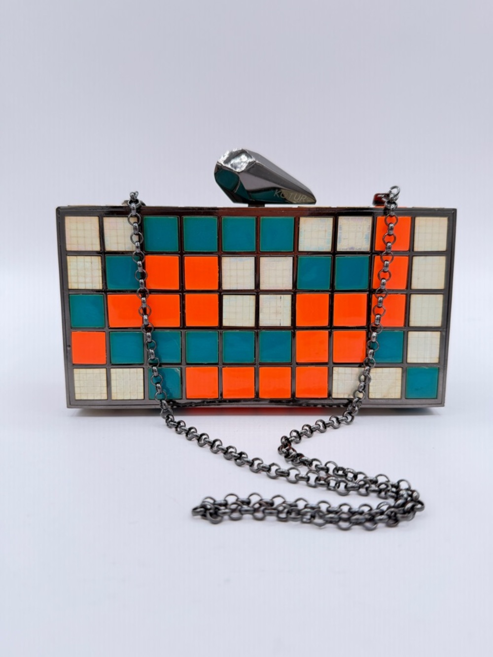 KOTUR Multicolored Metal Metallic Colorful Cube Print Minaudière Clutch Handbag